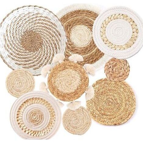 Lot de 9 paniers muraux bohèmes tissés à suspendre - Décoration murale en jonc de mer et rotin - Décoration murale ronde écologique pour ferme, chambre à coucher, salon, table de cuisine, maison (1/4)