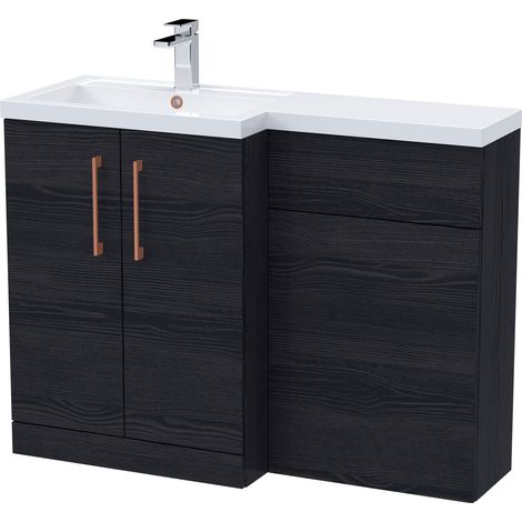 Balterley Left-Hand Bathroom Vanity and WC Unit Combination with Basin - 1100mm - Woodgrain Black with Copper Handles