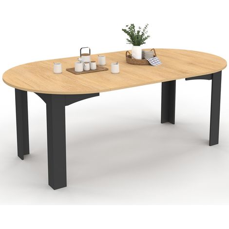 Idmarket – Table à manger extensible ronde 4-10 personnes – Plateau noir effet hêtre – Longueur 110-200 cm – Design contemporain (1/5)