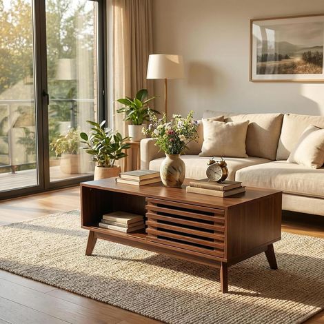 Table basse relevable style rétro – 90 x 55 cm, plateau réglable en hauteur, porte coulissante à lattes, finition noyer – Rangement astucieux et design vintage (1/5)