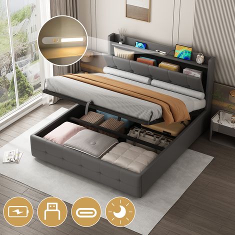 4ft6 Double Upholstered Bed Frame with Hydraulic Storage, PU Leather Ottoman Bed with Concealed Headboard Storage, Double Bed with Charging Station and LED Night Light, Grey