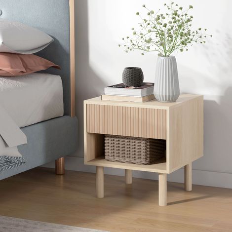 Table de nuit avec tiroirs et étagères, table d'appoint moderne pour chambre, salon, dimensions 47x47x50 cm, finition bois naturel (1/5)