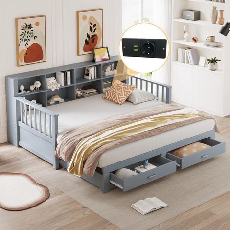 Canapé-lit extensible 90x190cm en bois massif gris avec 2 tiroirs, prise de charge et sommier à lattes (1/5)