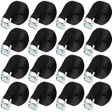 Confezione da 16 cinghie di ancoraggio a cricchetto regolabili, 2,5 m x 25 mm, carico massimo 250 kg, nere, per bagagli, pacchi, trasporto, carico, campeggio (1/5)