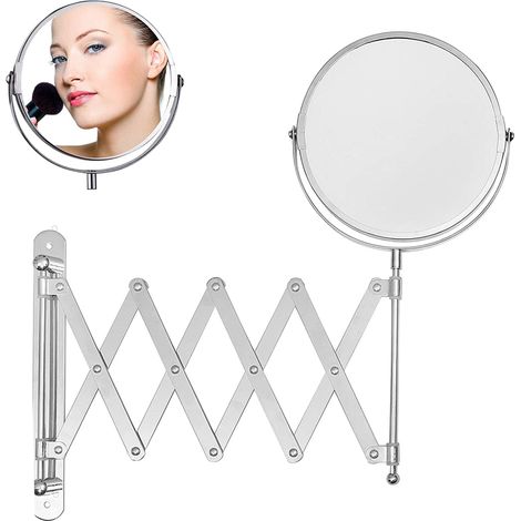 Miroir de rasage mural - Miroir cosmétique télescopique extensible à 360° en acier inoxydable chromé avec grossissement x1 et x3, comprenant 2 vis, 2 chevilles et un bras pliable pour le maquillage, l (1/5)