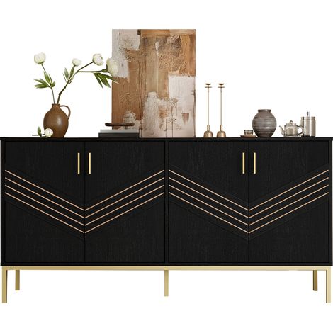 Aparador con 4 Puertas y 2 Estantes Regulables, Diseño Geométrico, en MDF, Negro y Efecto Madera, 160×40×80,5 cm (1/5)