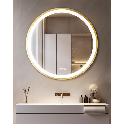 60cm Specchio Bagno Led Luce Rotondo con Cornice Alluminio Dorato, Dimmerabile Luce, Antiappannamento, Interruttore Touch, Memoria (1/5)