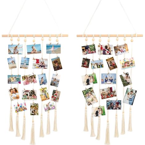 2 Pièces Porte Photo Mural, Tressage Accroche Photo Mural, Présentoir Photos à Suspendre avec Pinces, Blanc Crème et Couleur Bois, pour Chambre, Salon et Bureau (1/5)