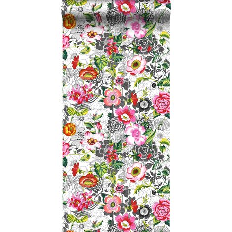 papier peint intissé XXL fleurs rose, rouge, vert, noir et blanc - ESTAhome
