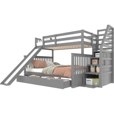 Letto a castello per bambini 90x200 e 140x200 cm grigio con scivolo e contenitori - CHICFURN (1/5)