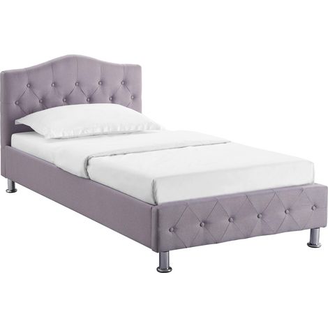 Idimex – Lit simple Biarritz gris 90x190 cm – Tête de lit capitonnée – Structure robuste avec pieds en métal chromé – Sommier à lattes inclus (1/4)
