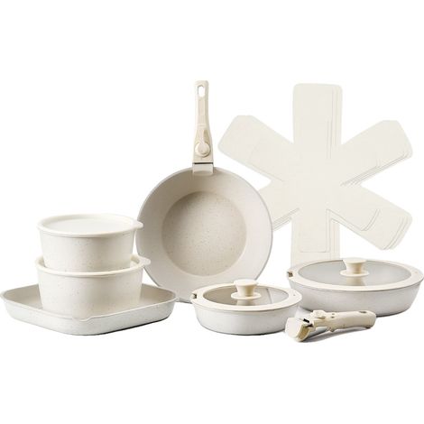 Set di pentole antiaderenti VEVOR da 17 pezzi, compatibile con piani cottura in granito e a induzione, colore nero, coperchi in vetro temperato, manico bianco removibile. (1/2)