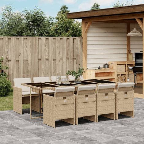 Salon de jardin 9 pièces en poly rotin beige, table et 8 chaises avec coussins - PANGIVO (1/5)