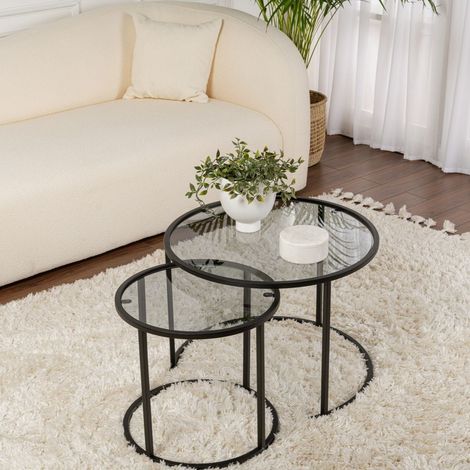 Moderne Runde Couchtisch 2er-Set Uru Schwarz - Graues Glas -