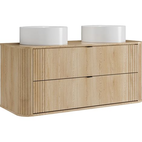 Meuble de salle de bain suspendu avec double vasque à poser ronde - Naturel clair - L120 cm - FILOR (1/5)