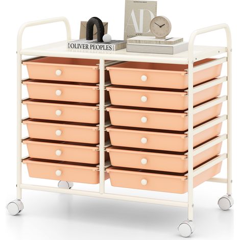 COSTWAY 12 Drawers Multi-Purpose Utility Cart Storage Rolling Cart-Pink (1/5)