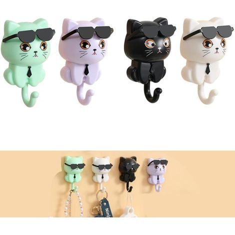 Crochets adhésifs déco DOK, lot de 4, forme chat mignon, noir, blanc, violet, vert, pose facile (1/5)