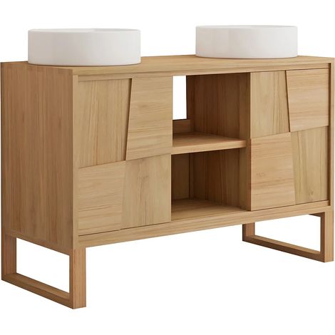 Mobile bagno autoportante in teak con doppio lavabo rotondo in ceramica da appoggio - L120 cm - MATARAM (1/5)