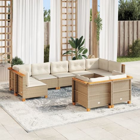 Ensemble de Salon Jardin 9 Places en Résine Tressée Beige - Canapés d'Angle et Centraux avec Coussins Amovibles - Structure Acier et Bois d'Acacia (1/5)