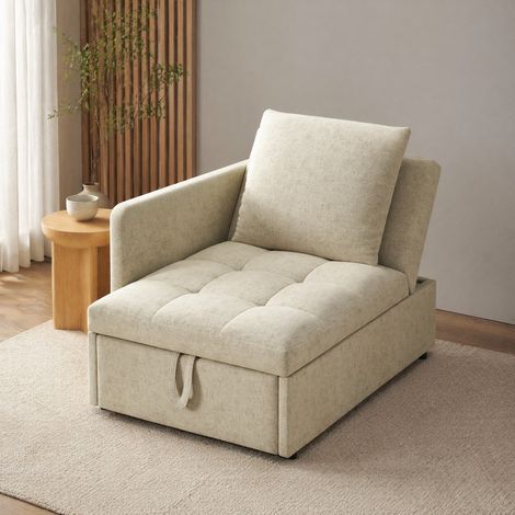 Divano letto 3 in 1 in lino beige con schienale regolabile e cuscino, 177 x 68 x 65 cm, OKWISH (1/5)