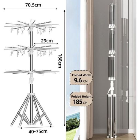 Stendibiancheria pieghevole, filo per stendere i panni in metallo con clip antivento per uso interno/esterno, appendiabiti per pannolini e asciugamani, robusto supporto a 3 livelli per balcone, lavand