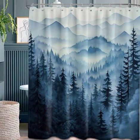 Duschvorhang mit marineblauem Waldmuster, tiefblauem Berglandschaftsmuster, Badezimmerdekoration für Herren, wasserdichtes Material mit Haken, 70 x 72 Zoll.
