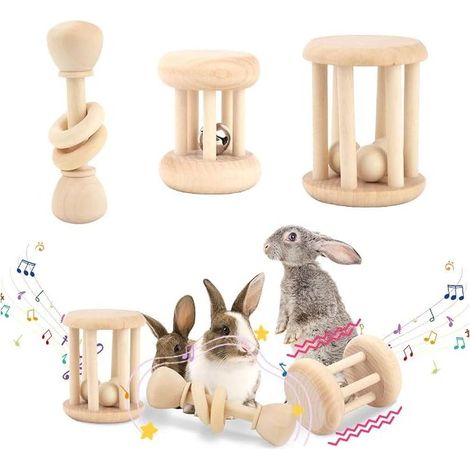 Holzhasenspielzeug mit Glöckchen, Hasenspielzeug für Nagerzähne, Spielzeug für drinnen und draußen, Hasenhaus mit Zubehör (1/5)