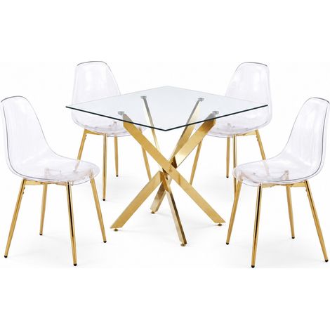 CHICFURN Conjunto de mesa y 4 sillas, 5 piezas, metal dorado, respaldo alto, estilo moderno (1/5)