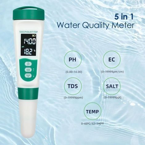 5-in-1 Pool-Tester: pH-Wert, TDS, EC-Wert, Salzgehalt, Temperatur, hintergrundbeleuchtetes Display für Trinkwasser und Aquarien (1/3)