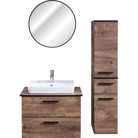 Badmöbel Set inkl. rundem LED Spiegel MURCIA-66 in Eiche Ribbeck quer Nb. mit schwarzen Kanten, B/H/T: ca. 118/200/44,5 cm (1/5)
