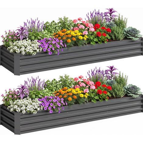 Lot de 2 carrés potagers - lit de jardin surélevé - Outsunny - coins protection - acier galvanisé - 240x60x30cm - gris foncé (1/5)