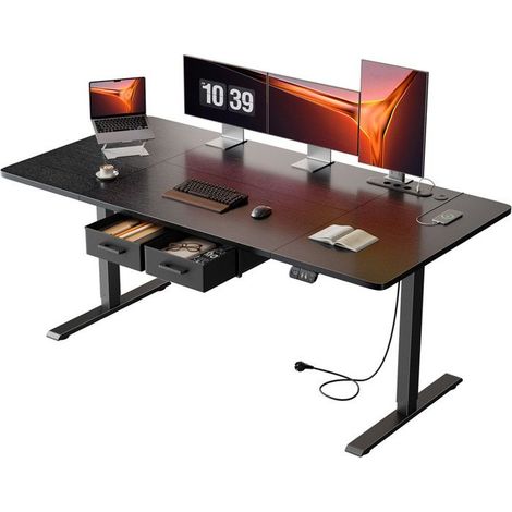 EcoFurnix Scrivania Elettrica Regolabile in Altezza, 160x80 cm, con Presa di Corrente Integrata, 2 Cassetti Rimovibili, Porta USB-C, Nero (1/5)