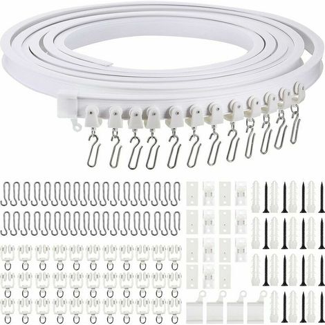 Gebogene Deckenvorhangschiene, biegbare, flexible Deckenvorhanghalterung, weiche Fenster, gebogene Schiene für Gardinenstange mit Metall-Vorhanghaken (weiß, 5 m) (1/4)