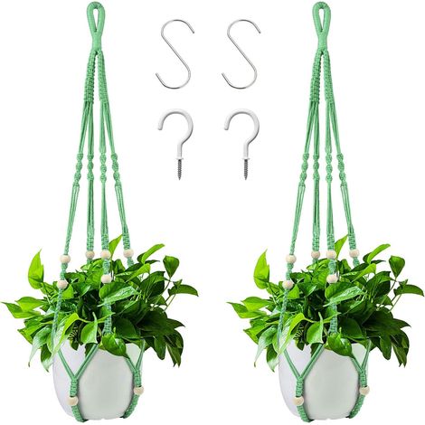Suspension pour plantes d'intérieur en corde de coton vert gazon, 98 cm, avec perles en bois, pour décoration intérieure, sans crochet, 1 paire (1/5)
