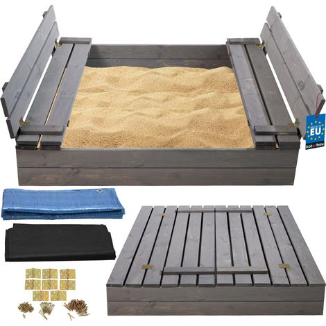 KOTARBAU® Bac à Sable Enfant Extérieur Bois 120x120 cm Gris avec Couvercle et Bancs Bac à Sable Refermable Imprégné Avec Tissu Anti-Mauvaises Herbes