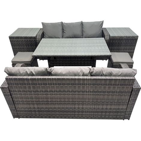 Fimous 8 Seat Outdoor Wicker PE Rattan Garden Furniture Set Dining Table Sofa Set with 2 Small Stool 2 Side Tables Dark Grey Mixed (1/5)
