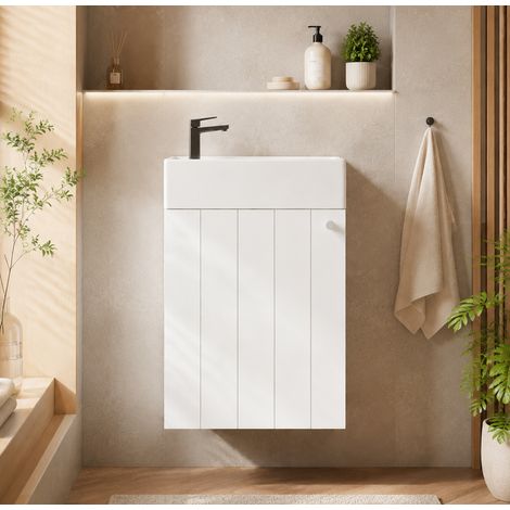 Modernluxe - Meuble de salle de bain mural avec vasque en céramique - 41x23x62,5 cm - Finition peinte imperméable - 1 porte - Blanc (1/5)