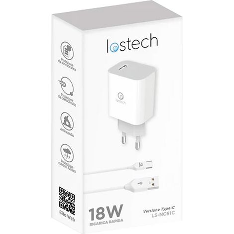CARICABATTERIA DA MURO DUE USCITE CARICA ULTRA RAPIDA uscita USB / USB-C - pot.max 20W  - LOSTECH