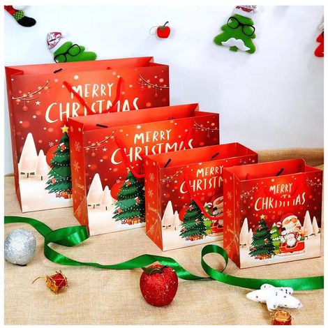 12 sacs cadeaux de Noël en papier avec poignées, emballage cadeau, lot de 12 pochettes cadeaux (1/5)