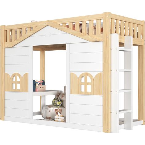 Lit mezzanine 90x200 cm lit cabane enfant avec fenêtres, espace sous lit pour couchage ou jeux, bois blanc et naturel (1/5)