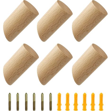 Crochet Mural en Bois 6 Pièces Naturel à Fixation Murale Crochets en Bois 3x6cm Cylindre Crochet de Manteau pour Les Accessoires pour La Maison, Foulards, Vêtements, Chapeaux (1/5)