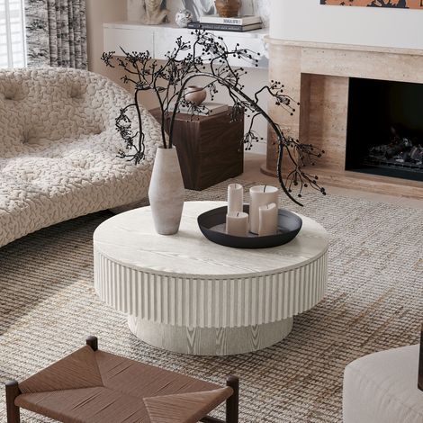 Mesa de centro redonda de 75 cm con almacenaje en MDF y madera, color blanco retro (1/5)