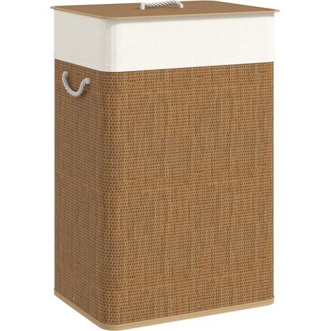 72L Bamboo Laundry Basket with Lid and Rope Handles, Removable Washable Liner, Stylish Hamper for Bathroom and Bedroom, Brown Color