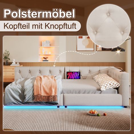 Canapé-lit convertible 90x200cm avec sommier intégré (hors matelas), éclairage ambiant télécommandé, tête de lit capitonnée à boutons, ports USB+Type-C, revêtement lin beige (1/4)