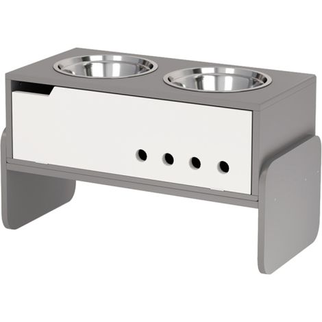Stazione di alimentazione rialzata specifica per cani con vano portaoggetti e tappetino anti-ingestione, include due ciotole in acciaio inox da 2000 ml, colore grigio, disponibile in loco. (1/5)