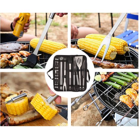 Ensemble de 20 ustensiles de barbecue en acier inoxydable de qualité alimentaire : brochettes, fourchettes et couteaux, idéal pour le camping et la randonnée. (1/5)