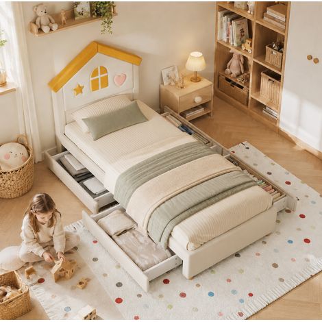 Etagenbett 90/200 cm in Beige aus Samt mit 4 Schubladen, Haus-Design und Stauraum (1/5)