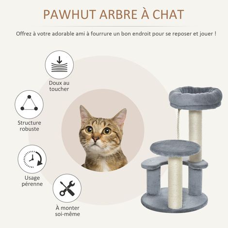 Arbre à chats 2 griffoirs grattoirs sisal naturel 3 plateformes corde à grimper dim. Ø 40 x 65H cm peluche haute densité 500 g/m² gris (1/5)