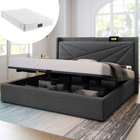 lit adulte double coffre charge USB C 140x200 gris lin OKMYHOME (1/5)