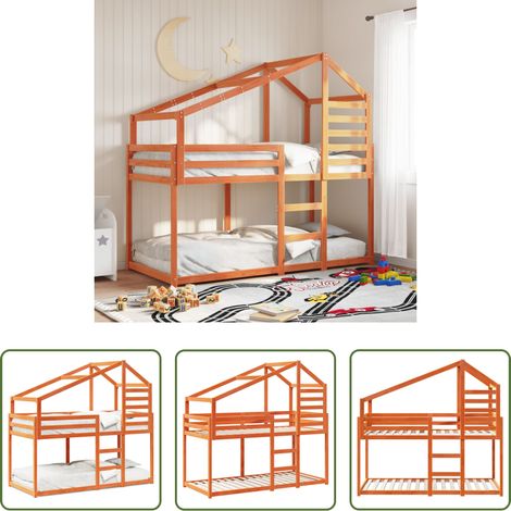 Kinderzimmer -  Etagenbett mit Dach Wachsbraun 90x190 cm Massivholz Kiefer
